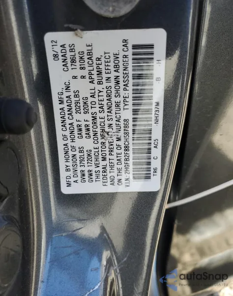 2012 Honda Civic Ex z USA, uszkodzony, nr VIN 2HGFB2F88CH587868